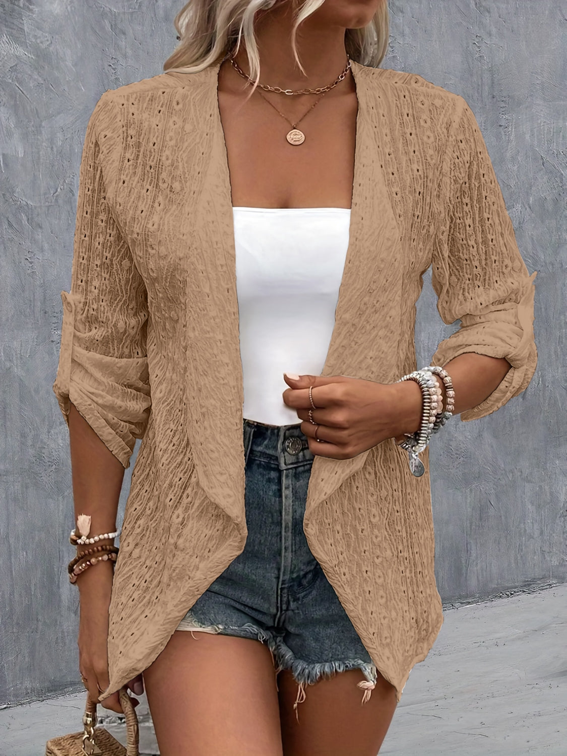 Outerwear Eyelet Roll-Tab Sleeve Cardigan