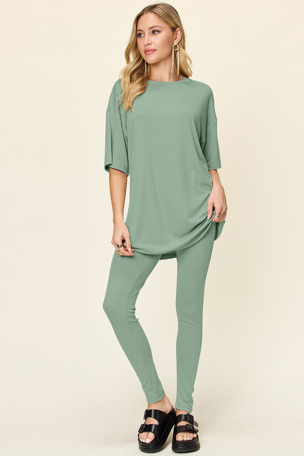 SET Double Take Full Size Round Neck Dropped Shoulder Top and Leggings Set