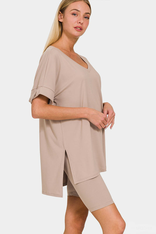 Set Zenana Full Size V-Neck Short Sleeve Slit Top and Shorts Set