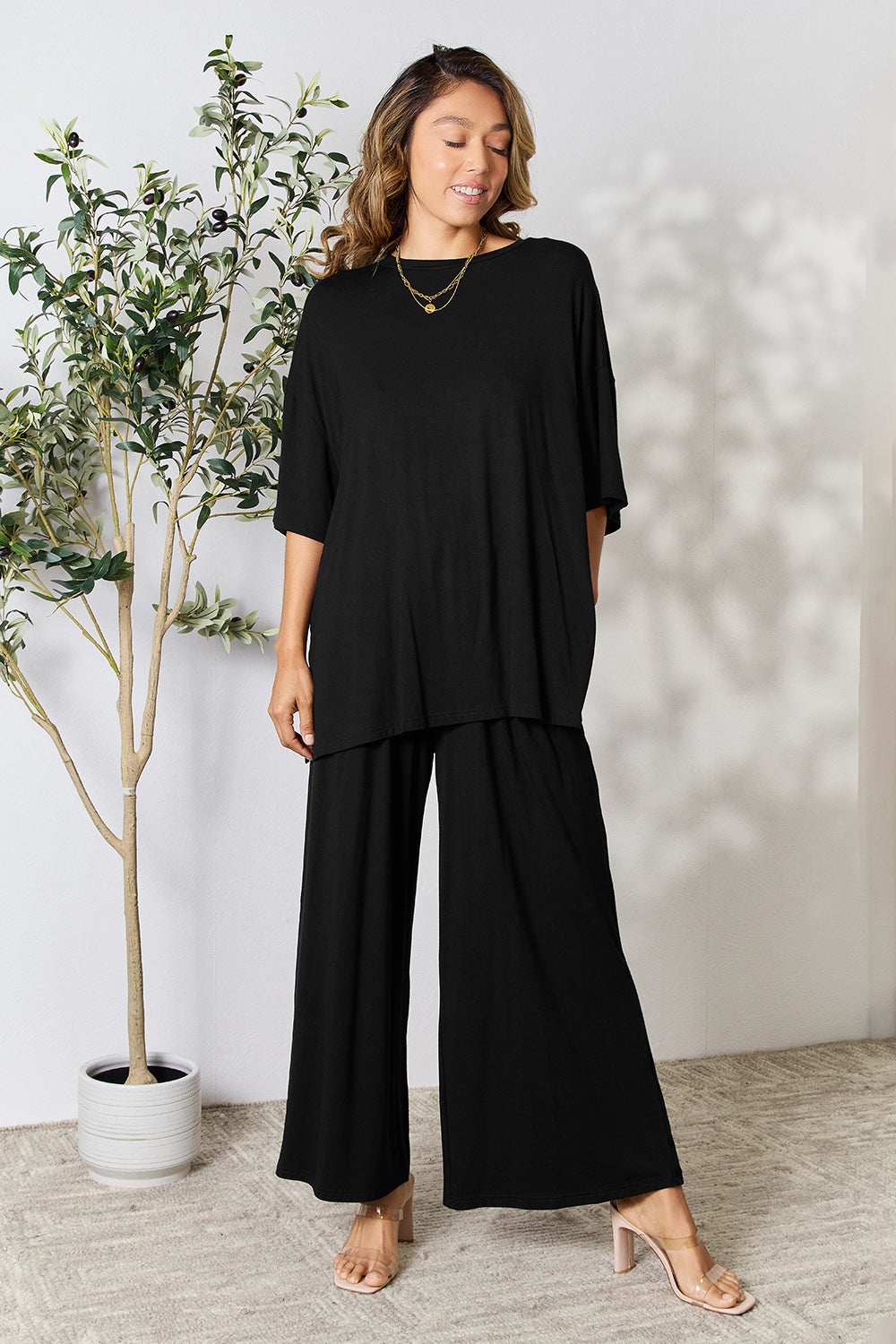 Set Double Take Full Size Round Neck Slit Top and Pants Set