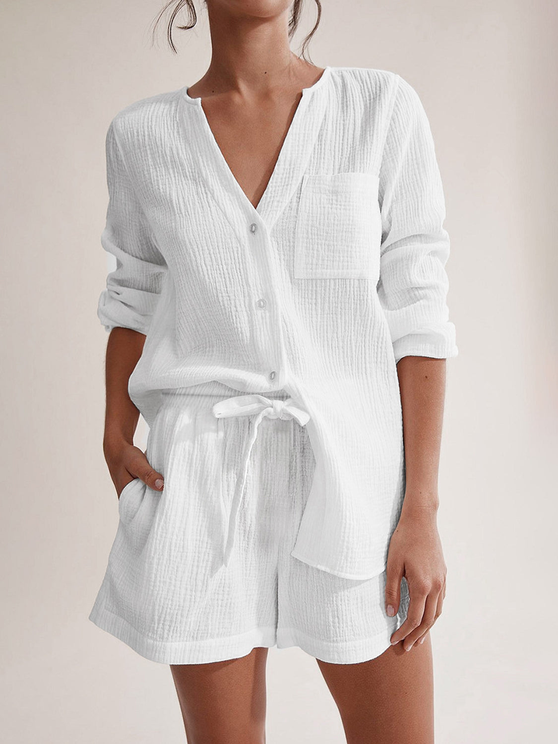 SET Notched Long Sleeve Top and Shorts Set