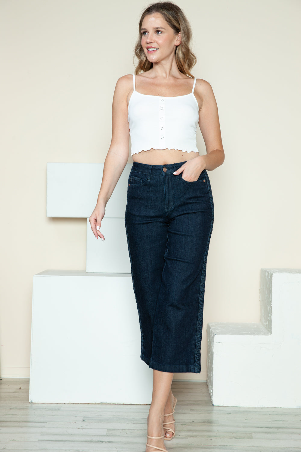 Bottom Judy Blue Full Size Side Seam Braid Detail Crop Wide Leg Jeans