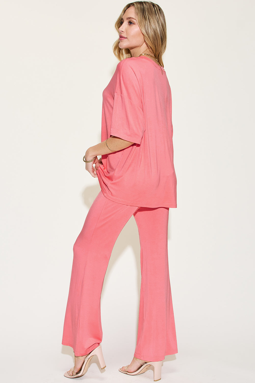 SET Basic Bae Full Size Bamboo Drop Shoulder top and Flare Pants Set