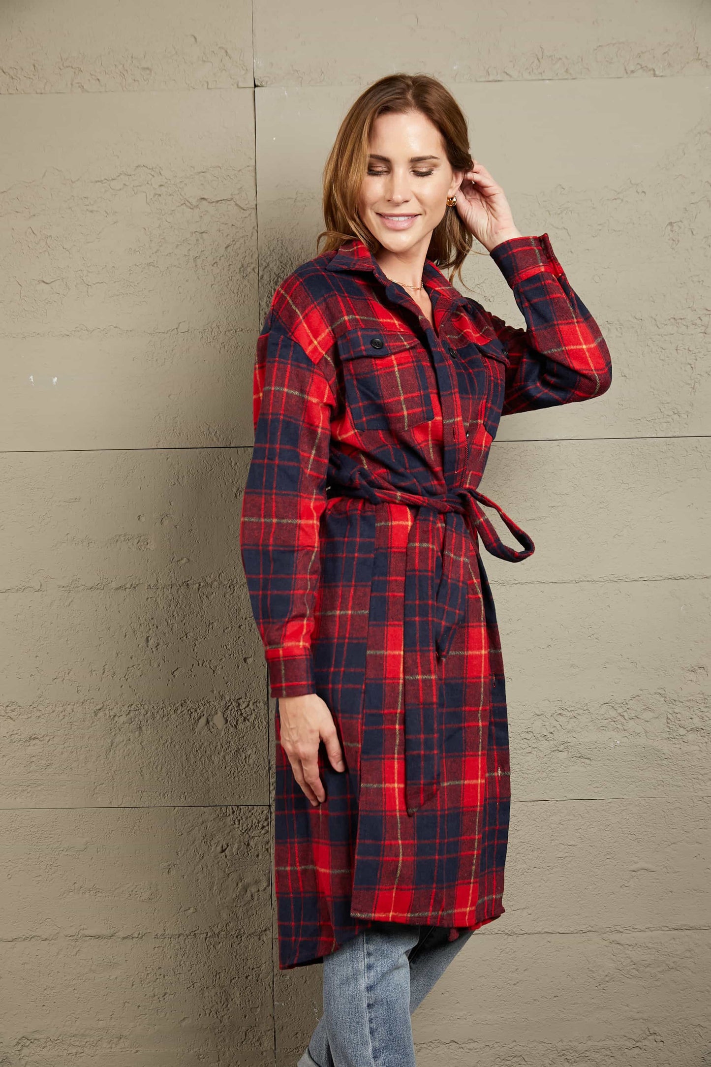 Outerwear Ivy Lane Plaid Belted Button Down Longline Shirt Jacket